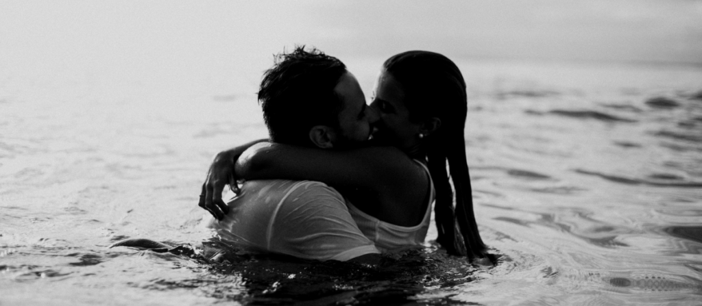 Sensual Touching Woman Kissing in Water Black and White